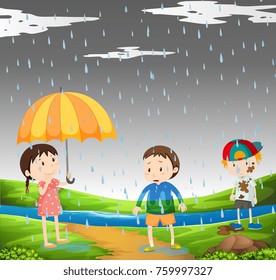 Three kids in the rain illustration