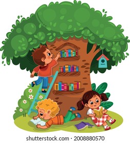 Three kids reading a book under a tree library.