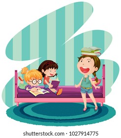Three kids reading books in bedroom illustration