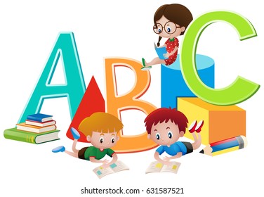 Three Kids Reading Books Illustration Stock Vector (Royalty Free ...