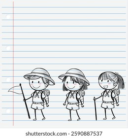 Three kids ready for an outdoor adventure