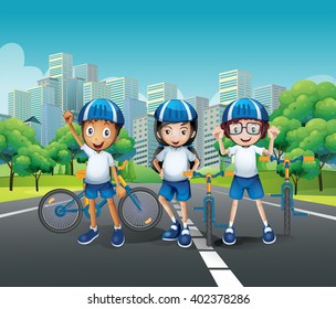 Three kids riding bike on the road illustration