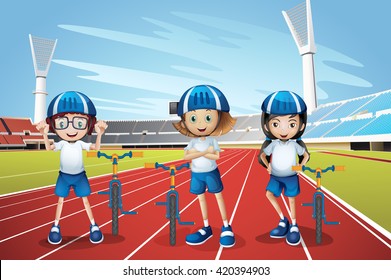 Three kids riding bike on the track illustration