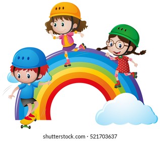 Three kids rollerskating over rainbow illustration