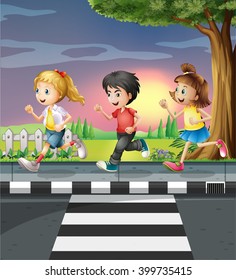 Three kids running along the road illustration