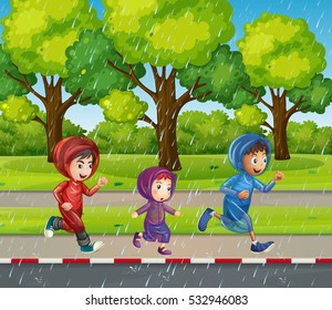 Three kids running in the rain illustration