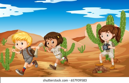 Three kids in safari outfit running in desert illustration