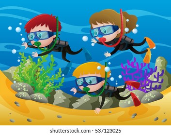 Three Kids Scuba Diving Under Sea Stock Vector (Royalty Free) 537123025 ...