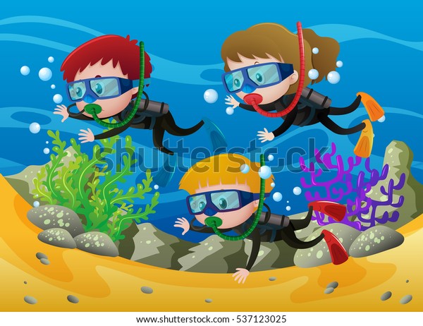 3人の子どもが海のイラストの下でスキューバダイビングをする のベクター画像素材 ロイヤリティフリー