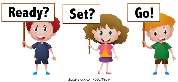 Three Kids With Sign Ready Set Go Illustration