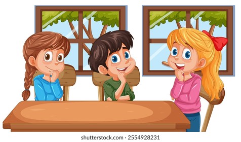 Three kids sitting at a wooden table indoors