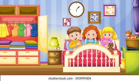 Three Kids Sleeping In The Bedroom Illustration