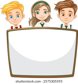 Three kids smiling behind a large blank board