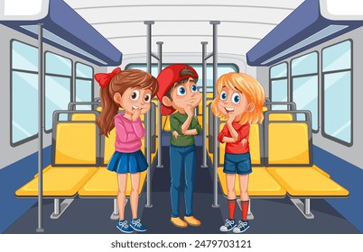 Three kids standing inside a bus
