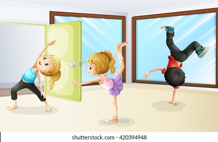 Three kids stretching and dancing illustration