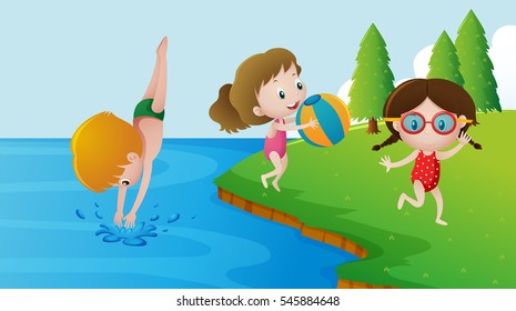 Three kids swimming in the lake illustration