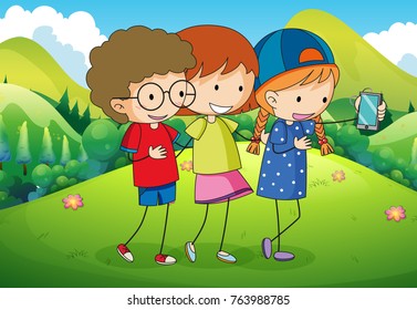 Three kids taking selfie in the park illustration