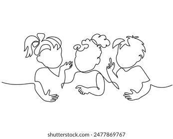 Tres niños hablando y discutiendo sobre los problemas de sus hijos. Dibujo continuo de una línea. Concepto de comunicación infantil. Ilustración gráfica de Vector de arte de diseño de línea única.