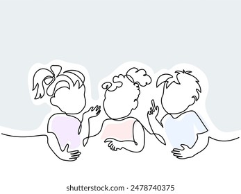 Tres niños hablando y discutiendo sobre sus problemas infantiles. Dibujo continuo de una línea. Concepto de comunicación infantil. Ilustración gráfica de Vector de arte de diseño de línea única.