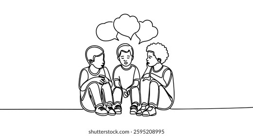 Three kids talking and discussing about their children's problems. Continuous one line drawing. Children's communication concept. Single line draw design art vector graphic illustration.