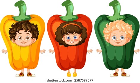 Three kids in vibrant pepper costumes smiling happily