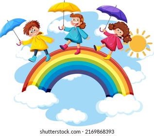 Three kids walking on rainbow in the sky illustration