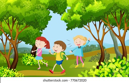Three kids walking in the woods illustration