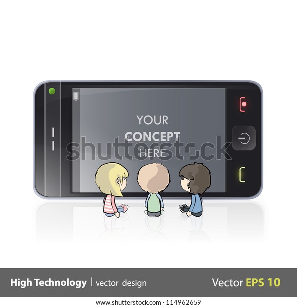  Three kids watching TV y a phone. Isolated\
vector background design.