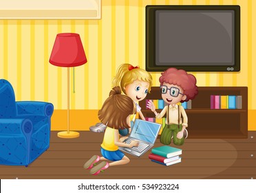Three kids working in group at home illustration
