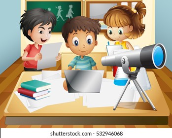 Three kids working in group at school illustration