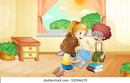 Três crianças trabalhando no computador na ilustração da sala