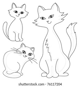 Three kind cheerful domestic cats, vector monochrome contours