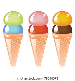 three kind of ice cream, white background