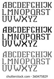 Three kind of vector pixel font, pixel, mosaic and dotted uppercase letters.