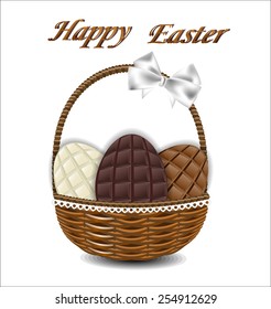 Three kinds of chocolate Easter eggs in a wicker basket with a bow.