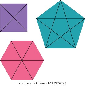 three kinds different shape figures. diagonals purple blue pink square pentagon hexagon