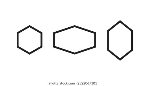Três tipos de formas hexágono, contorno vetorial isolado, eps
