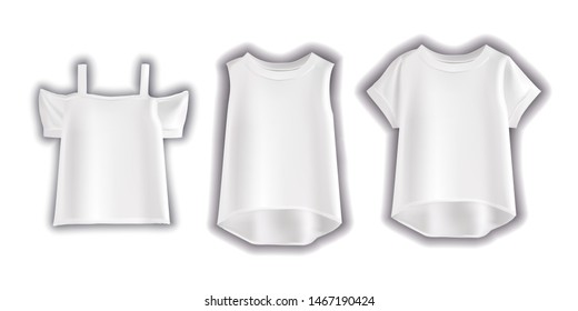 
Three kinds of models of white women's t-shirts. Vector realistic illustration of women's t-shirts. Fashionable and casual women's clothing.