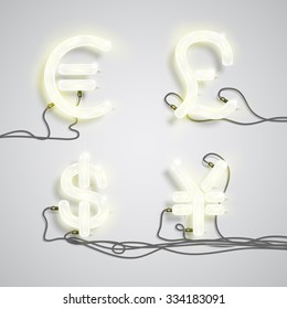 Three Kinds Of Neon Signs (Euro, Dollar, Yen/Juan Pound), Vector