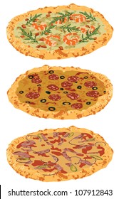 three kinds of pizza on a white background