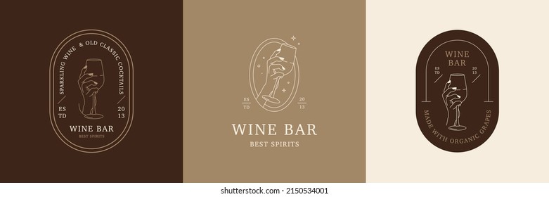 Three kinds of the same logo for wine bar. Emblem design template with hand hold wine glass. Abstract line sign for cafe, cocktail bar, drinks store.