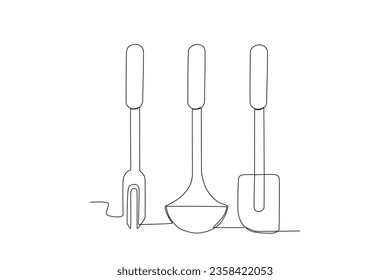 Three kinds of spoons in the kitchen. Cooking and kitchen tools one-line drawing