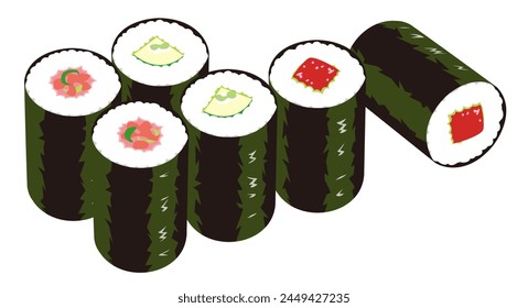 Three kinds of thin sushi rolls (fatty tuna with green onion, cucumber and tuna) against white background