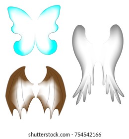 Three kinds of wings. Wings of a butterfly, a bird, a dragon. Suitable for a fairy-tale costume, for creating a fantastic image. Vector illustration.
