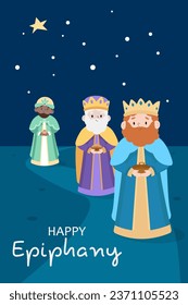 Tres hombres rey y regalos epifanía, Happy Epiphany Day Template Hand Drawing Cartoge Flat Illustration, Christian Festival, Happy Epiphany Day, tres hombres grandes y regalos epifanía.Ilustración vectorial