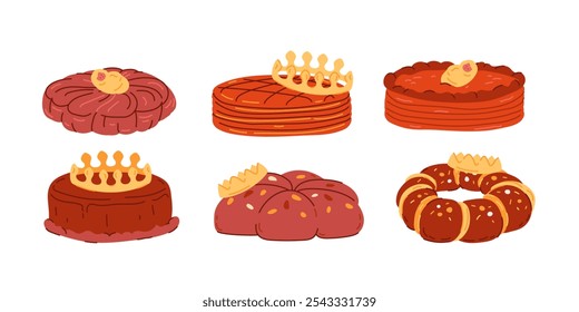 Three kings cakes. Set of galettes, pies decorated with baby figure and crowns. Vector illustration. Bakery, traditional pastry. Celebration food. Christmas, Epiphany holiday.