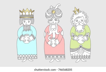 three kings for christian christmas holiday - Melchior, Gaspard and Balthazar, three wise men bring presents to Jesus, vector illustration