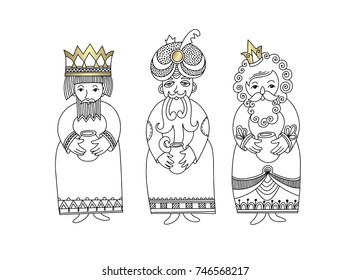 three kings for christian christmas holiday - Melchior, Gaspard and Balthazar, three wise men bring presents to Jesus, vector illustration
