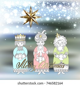 three kings for christian christmas holiday - Melchior, Gaspard and Balthazar, three wise men bring presents to Jesus with big star and merry christmas hand lettering, vector illustration