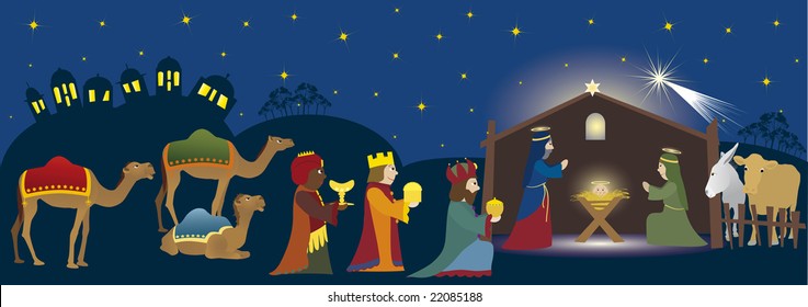 Three Kings coming to Bethlehem, nativity scene whit three magi, Jesus, Mary, Josef and animals, Biblical scene